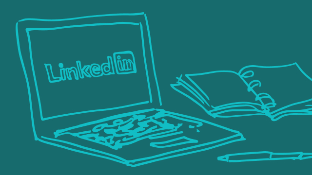 Hand-drawn laptop showing LinkedIn beside a notebook
